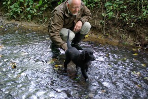 Lynn und Herrchen in einem Bach stehend                         